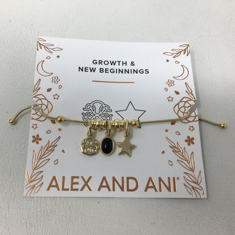 Alex and Ani Path of Life & Onyx Expandable Bracelet, Shiny Gold Finish